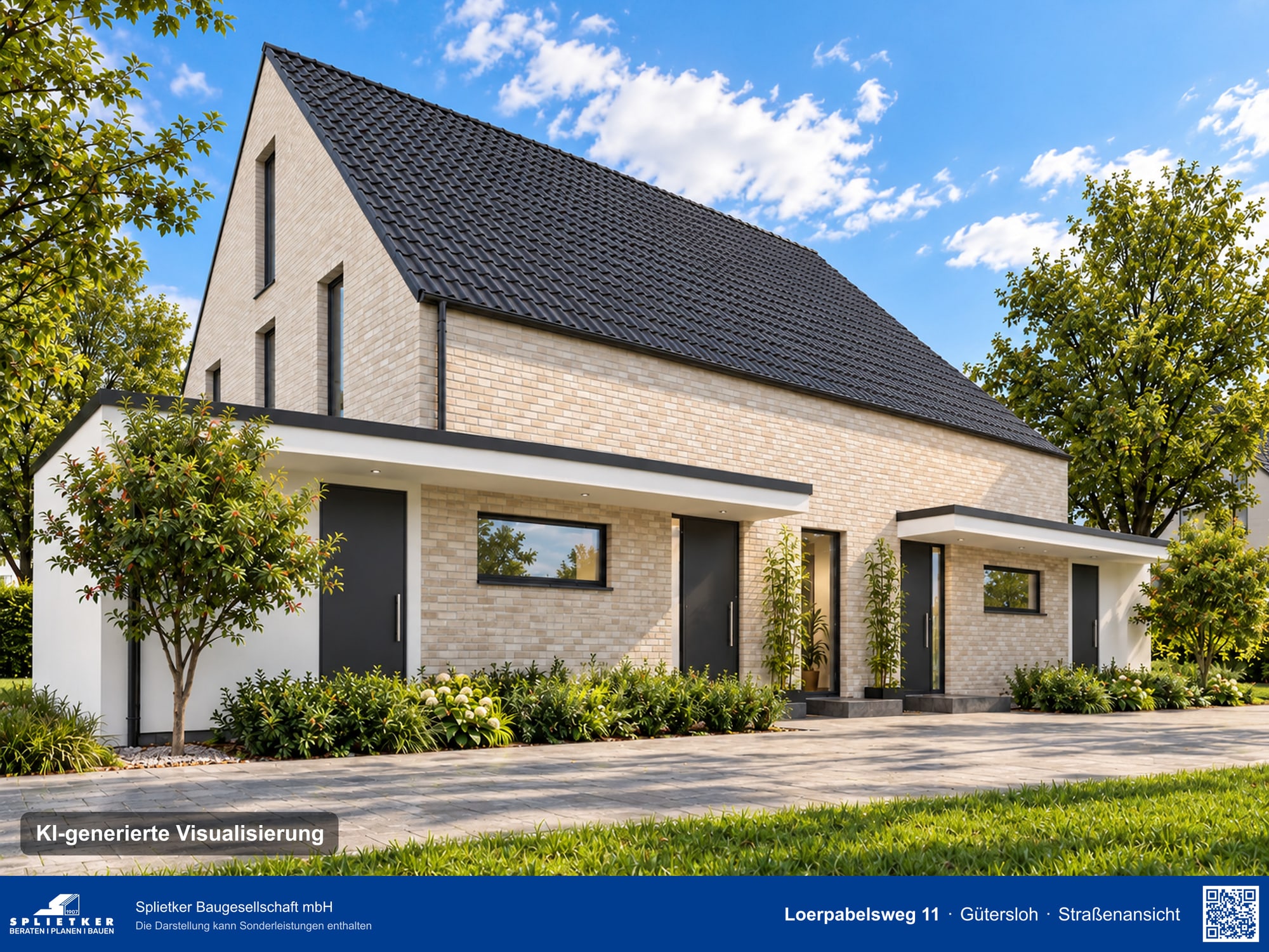 KI-generierte Visualisierung der Eingangsseite des Doppelhauses mit Klinkerfassade, dunklem Satteldach, Vordächern und weißen Anbauten an beiden Giebeln