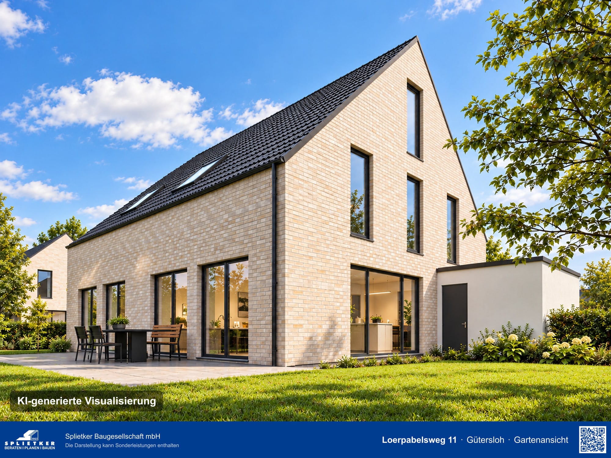 KI-generierte Visualisierung der Gartenseite des Doppelhauses mit heller Klinkerfassade, großen Fenstern mit dunklen Rahmen, Terrasse und einem weißen Anbau mit Flachdach am Giebel