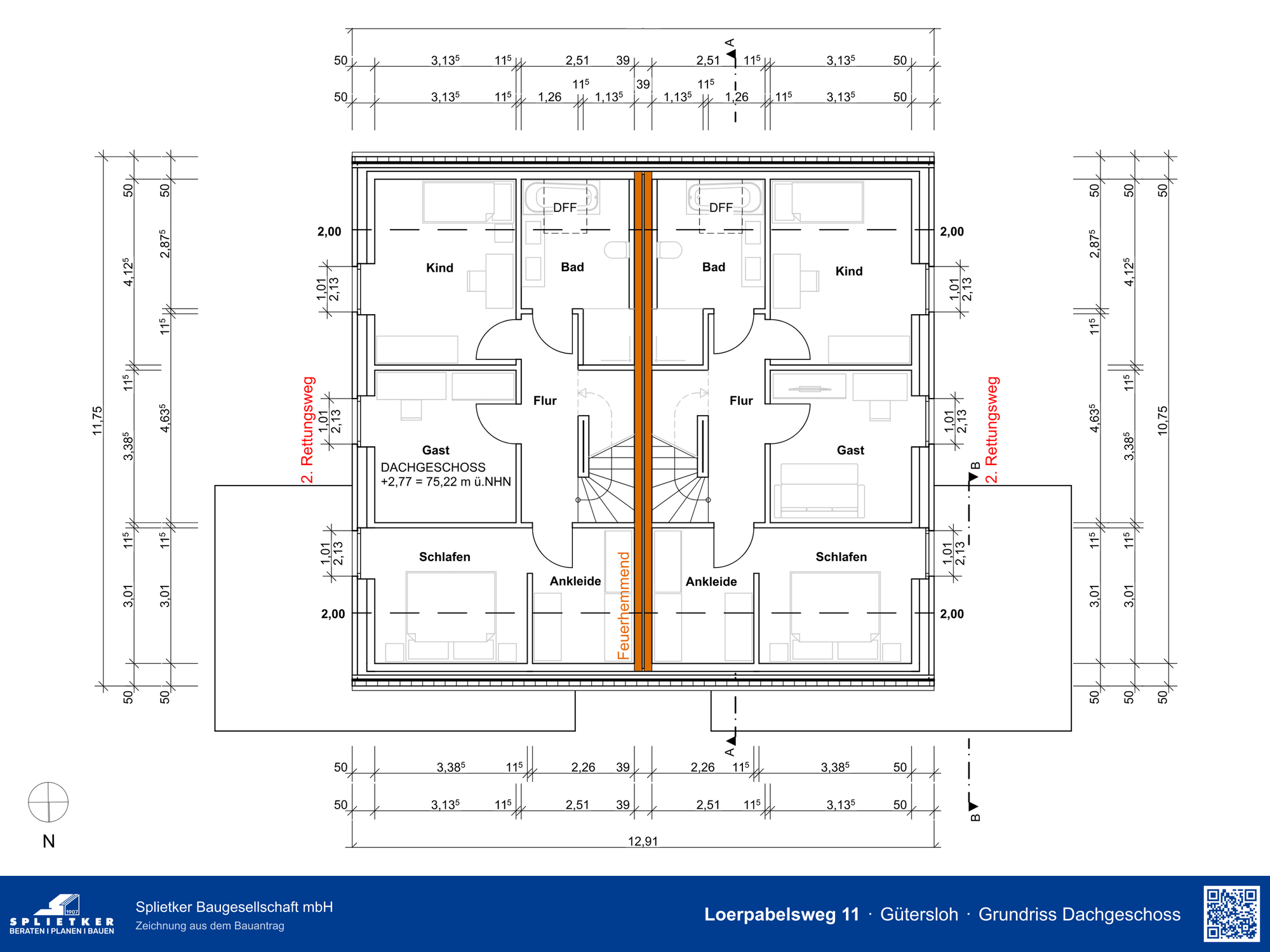 Grundriss Dachgeschoss des Doppelhauses mit Schlafzimmer, Ankleide, Kinderzimmer, Gästezimmer und Bad je Haushälfte
