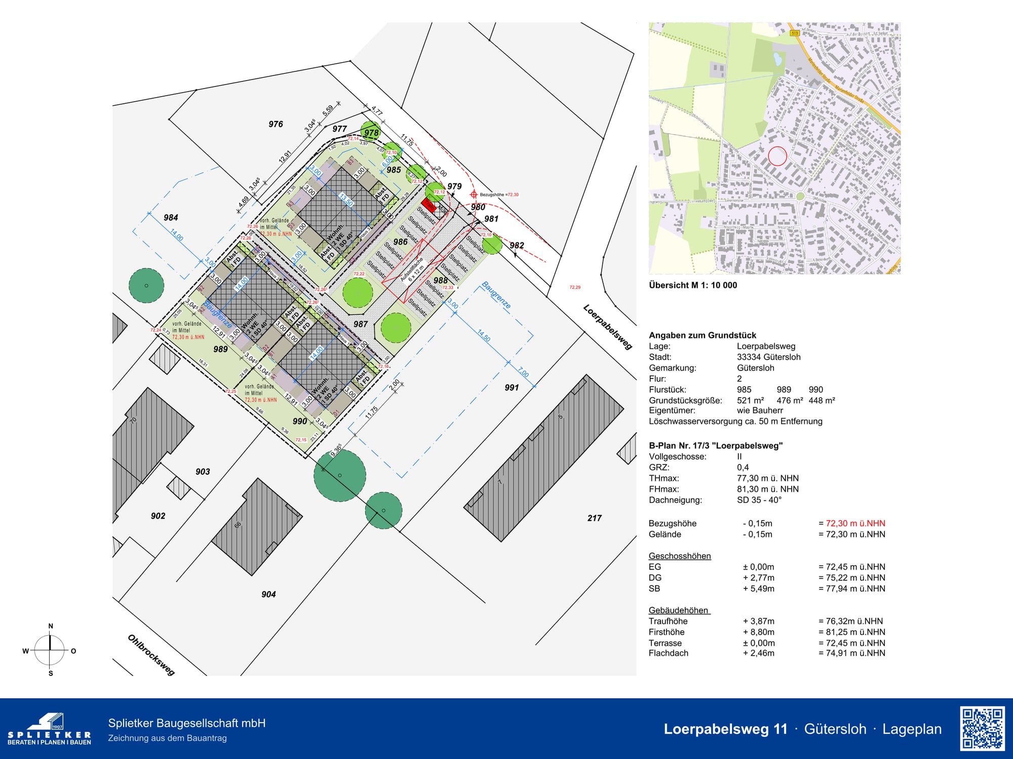 Lageplan des Quartiers am Loerpabelsweg mit drei Doppelhäusern, gemeinsamer Stellplatzanlage in der Mitte und den Angaben zum Grundstück